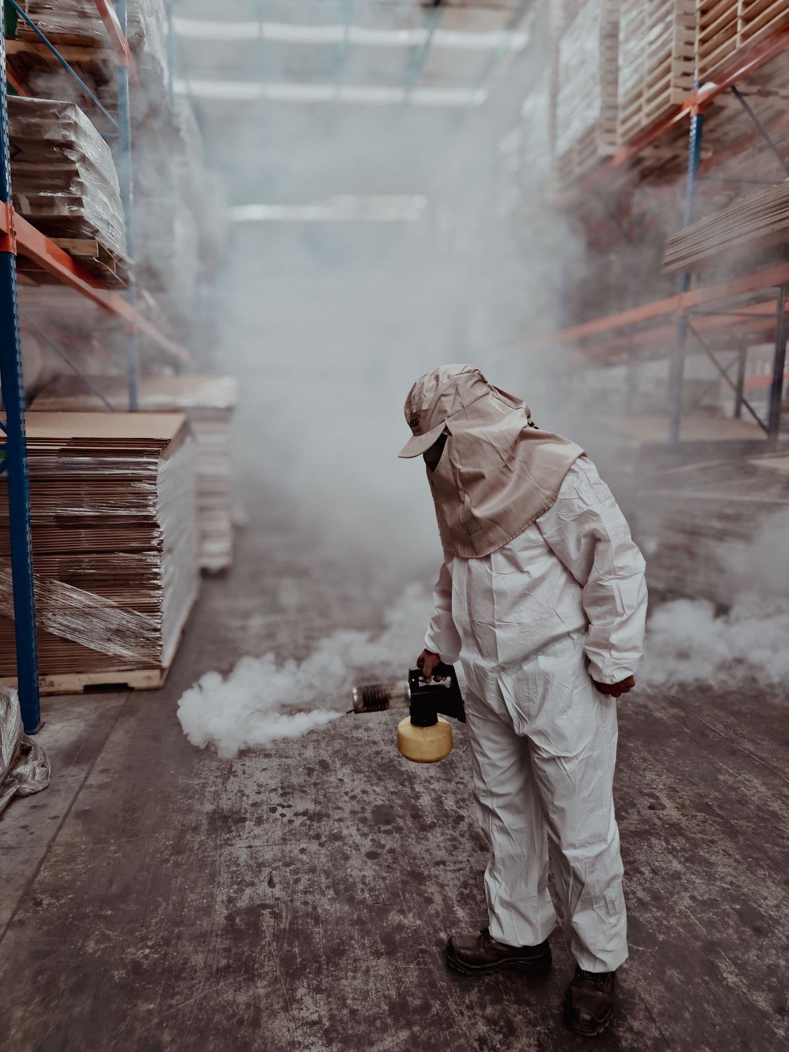Fogging treatment between warehouse racking in a commercial building